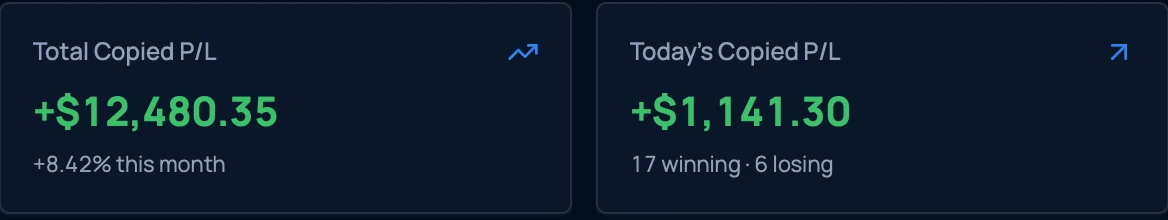 Total copied profit and loss for the month beside today's copied profit and loss, with winning and losing counts.